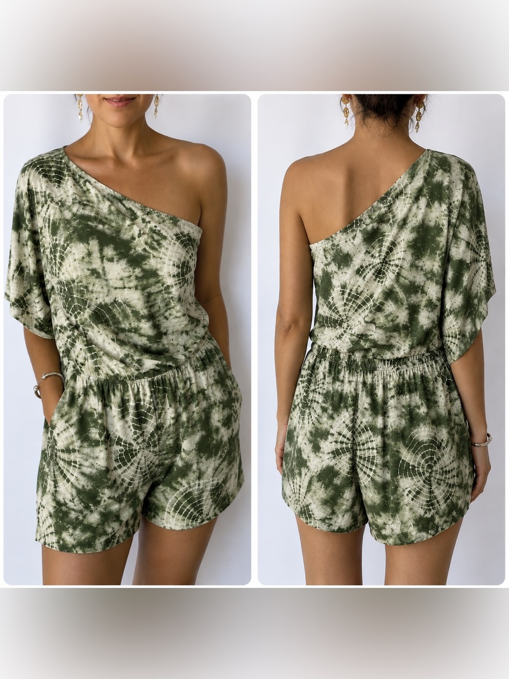 New! KLD one Shoulder Green Tie Dye Romper M